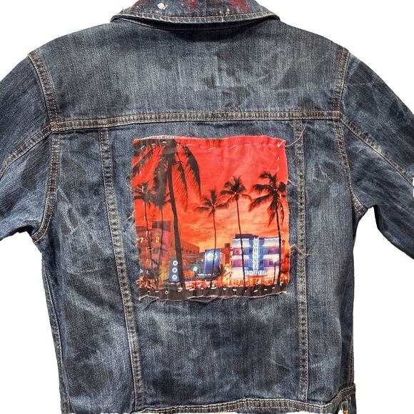 Cherokee Jackets & Blazers - Jean Jacket Hand Painted Embellished Miami Cityscape Pocket One of A Kind